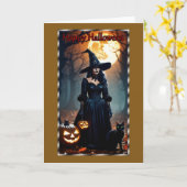 Zwarte heks, zwarte kat Halloween Kaart (Gele Bloem)