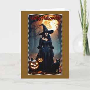 Zwarte heks, zwarte kat Halloween Kaart