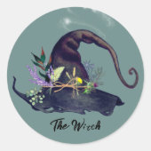 Zwarte Heksen Bloemenkruiden Hoed Groen Spreuk Lab Ronde Sticker (Voorkant)
