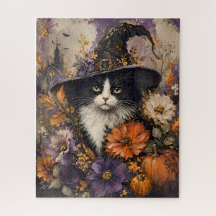 Zwarte Heksenhoed van Zwarte Kat met Herfstbloemen Legpuzzel