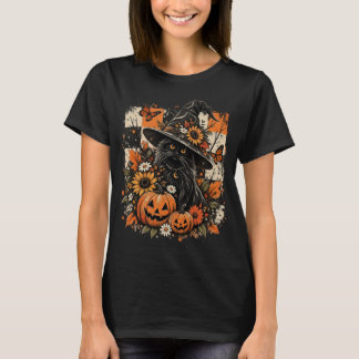 Zwarte Heksenkat Halloween Outfit Oude Pompoen T-shirt