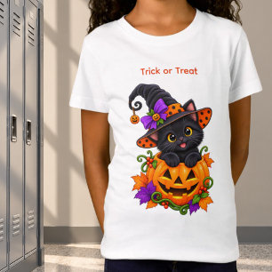 Zwarte Heksenkat in Halloween Pompoen Maatwerk T-shirt