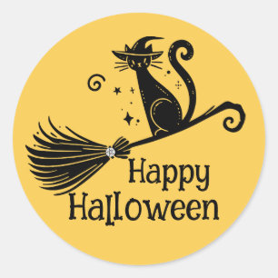 Zwarte Heksenkat op Bezemsteel Halloween Ronde Sticker