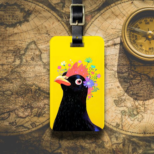 Zwarte Hen met Bloemen Bagagelabel