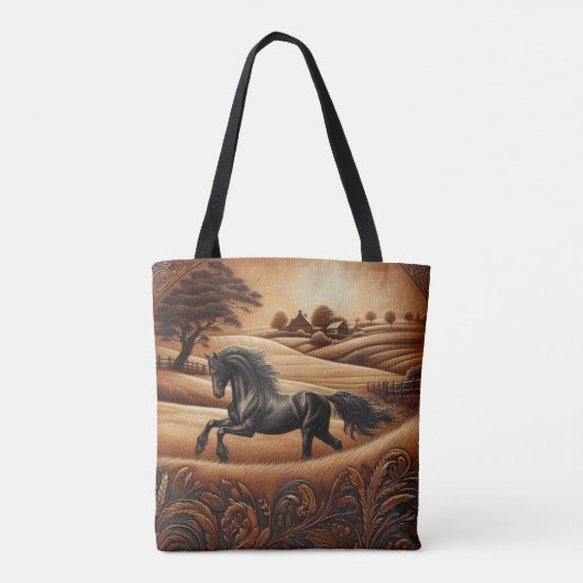 Zwarte hengst bij zonsondergang tote bag (Achterkant)