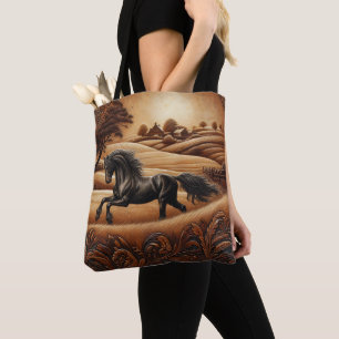 Zwarte hengst bij zonsondergang tote bag