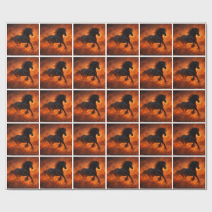 Zwarte hengst die door oranje nevel rent cadeaupapier