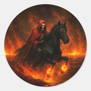 Zwarte hengst die door oranje nevel rent ronde sticker
