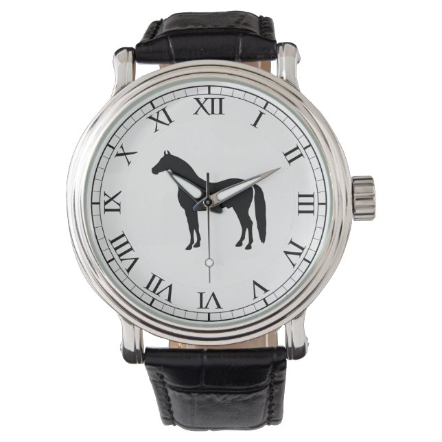 Zwarte hengst Elegant Paard Silhouet Tekening Horloge (Voorkant)