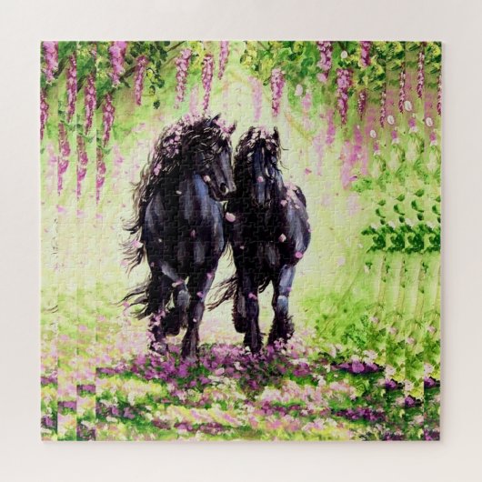 Zwarte hengst en merrie met wisteria legpuzzel (Horizontaal)