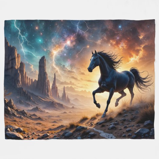 Zwarte hengst in de woestijn - sterren bliksem fleece deken (Voorkant (Horizontaal))