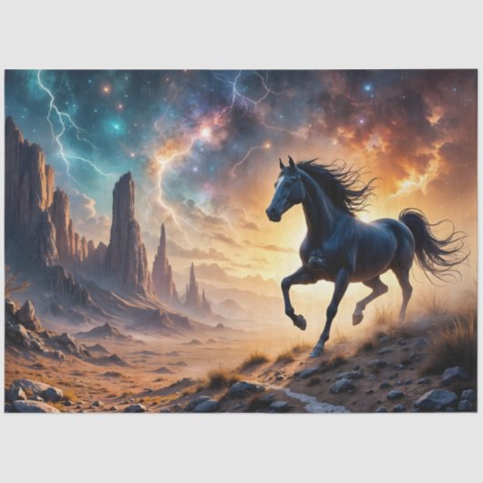 Zwarte hengst in de woestijn - sterren bliksem tissuepapier (Voorkant)