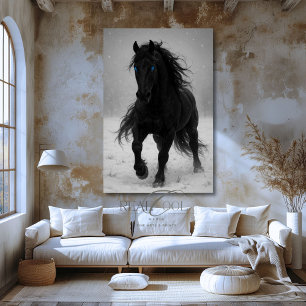 Zwarte hengst in sneeuw Westerse paarden kunst Canvas Afdruk
