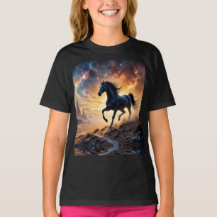 Zwarte hengst in woestijnnevel sterren bliksem t-shirt