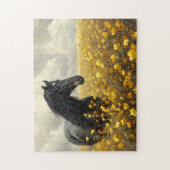 Zwarte hengst met gele wilde bloemen legpuzzel (Verticaal)