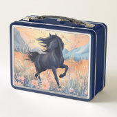 Zwarte Hengst Paard Meisjes Levendige Wildflowers  (Achterkant)