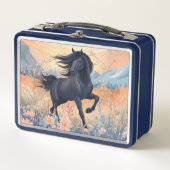 Zwarte Hengst Paard Meisjes Levendige Wildflowers  (Voorkant)