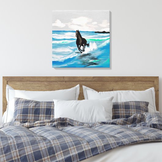ZWARTE HENGST PAARD. RENNEN OP HET STRAND CANVAS AFDRUK (Insitu (Slaapkamer))