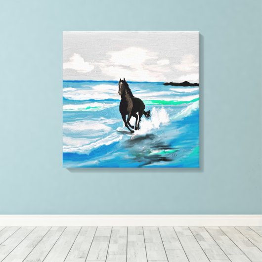 ZWARTE HENGST PAARD. RENNEN OP HET STRAND CANVAS AFDRUK (Insitu (Houten vloer))