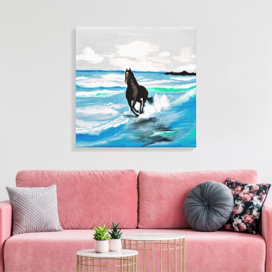 ZWARTE HENGST PAARD. RENNEN OP HET STRAND CANVAS AFDRUK (Insitu (Woonkamer))