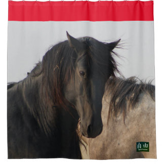 ZWARTE HENGST WILD PAARD MAGE DOUCHE GORDIJN