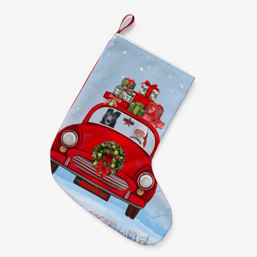 zwarte herderhond in auto met kerstman kleine kerstsok (Voorkant (Hangend))