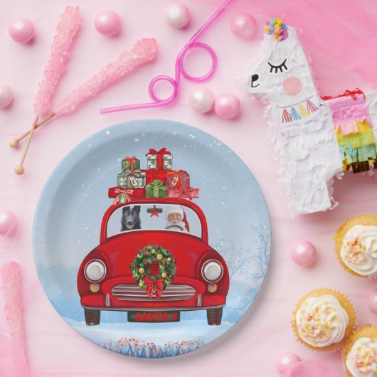 zwarte herderhond in auto met kerstman papieren bordje (Feest)