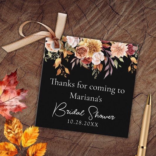 Zwarte herfst bloem bruidsshower bedankjes labels