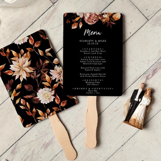Zwarte Herfst Bloem Menu Set Waaierbladen Handwaaier