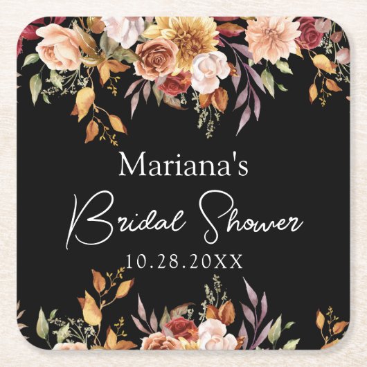 Zwarte herfst bloemige bruidsdouche kartonnen onderzetters (Voorkant)