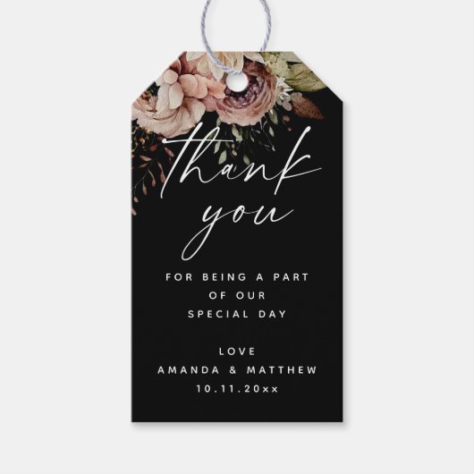 Zwarte herfst bloesem boho bloemenbruiloft dank u cadeaulabel (Voorkant)