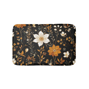 Zwarte Herfst Boho  Gouden Bloemenpatroon Badmat