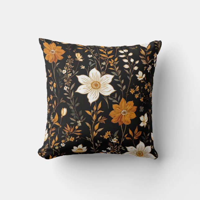 Zwarte Herfst Boho  Gouden Bloemenpatroon Kussen (Voorkant)