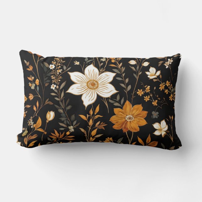 Zwarte Herfst Boho  Gouden Bloemenpatroon Kussen (Voorkant)