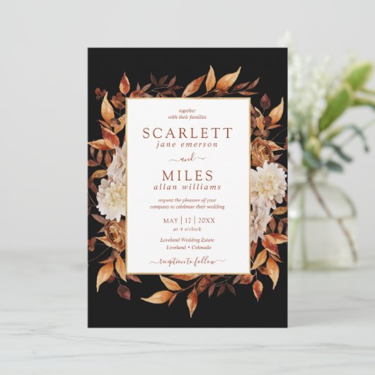 Zwarte herfst bruiloft uitnodiging (Staand voorkant)