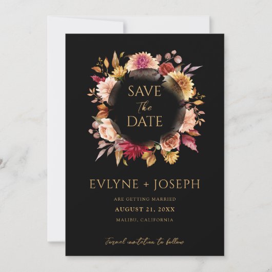 Zwarte Herfst Floral Modern Dark Boho Bruiloft Save The Date (Voorkant)