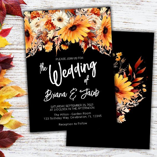 Zwarte Herfst Floral Wedding Kaart