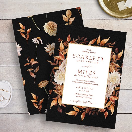 Zwarte Herfst Terracotta Waterverf Floral Wedding Kaart