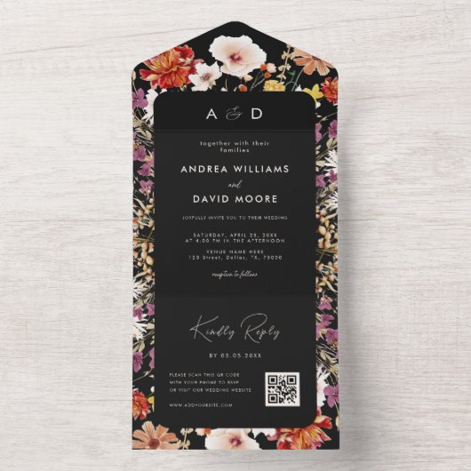 Zwarte Herfst Wildbloemen Botanische QR Code Bruil All In One Uitnodiging (Binnen)