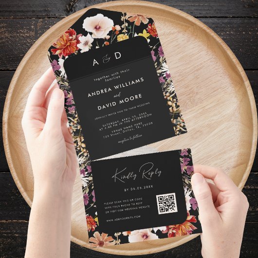 Zwarte Herfst Wildbloemen Botanische QR Code Bruil All In One Uitnodiging