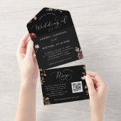 Zwarte Herfst Wildbloemen QR Code Dark Autumn Wedd All In One Uitnodiging (Afscheurbaar)