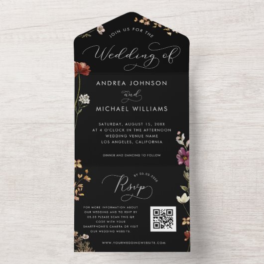 Zwarte Herfst Wildbloemen QR Code Dark Autumn Wedd All In One Uitnodiging (Binnen)
