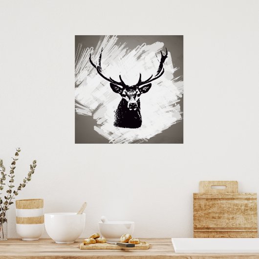 Zwarte hertenkop op wit | POSTER (Keuken)