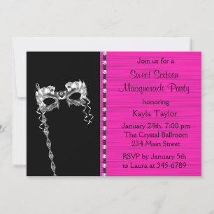Zwarte hete roze Sweet Sixteen Maskerade Feest Kaart