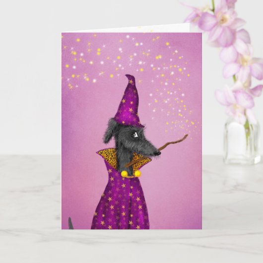 Zwarte hezdende hond Halloween kaart (Orchidee)