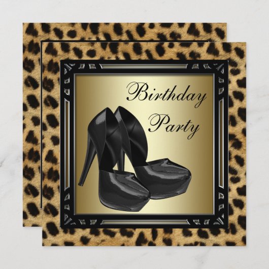 Zwarte Hoge Hakken Luipaard Verjaardagsfeestje Kaart (Voorkant / Achterkant)