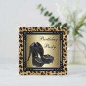Zwarte Hoge Hakken Luipaard Verjaardagsfeestje Kaart (Staand voorkant)