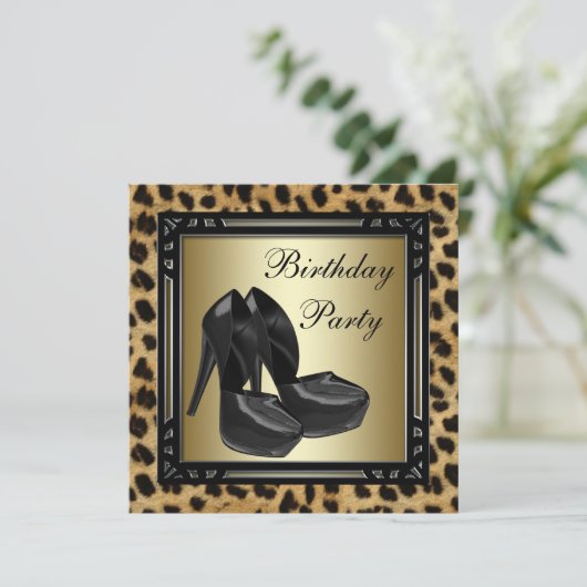Zwarte Hoge Hakken Luipaard Verjaardagsfeestje Kaart (Staand voorkant)