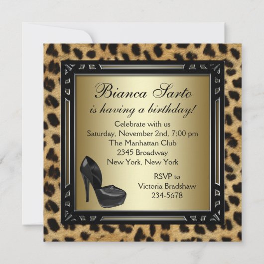 Zwarte Hoge Hakken Luipaard Verjaardagsfeestje Kaart (Achterkant)
