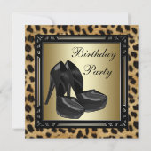 Zwarte Hoge Hakken Luipaard Verjaardagsfeestje Kaart (Voorkant)